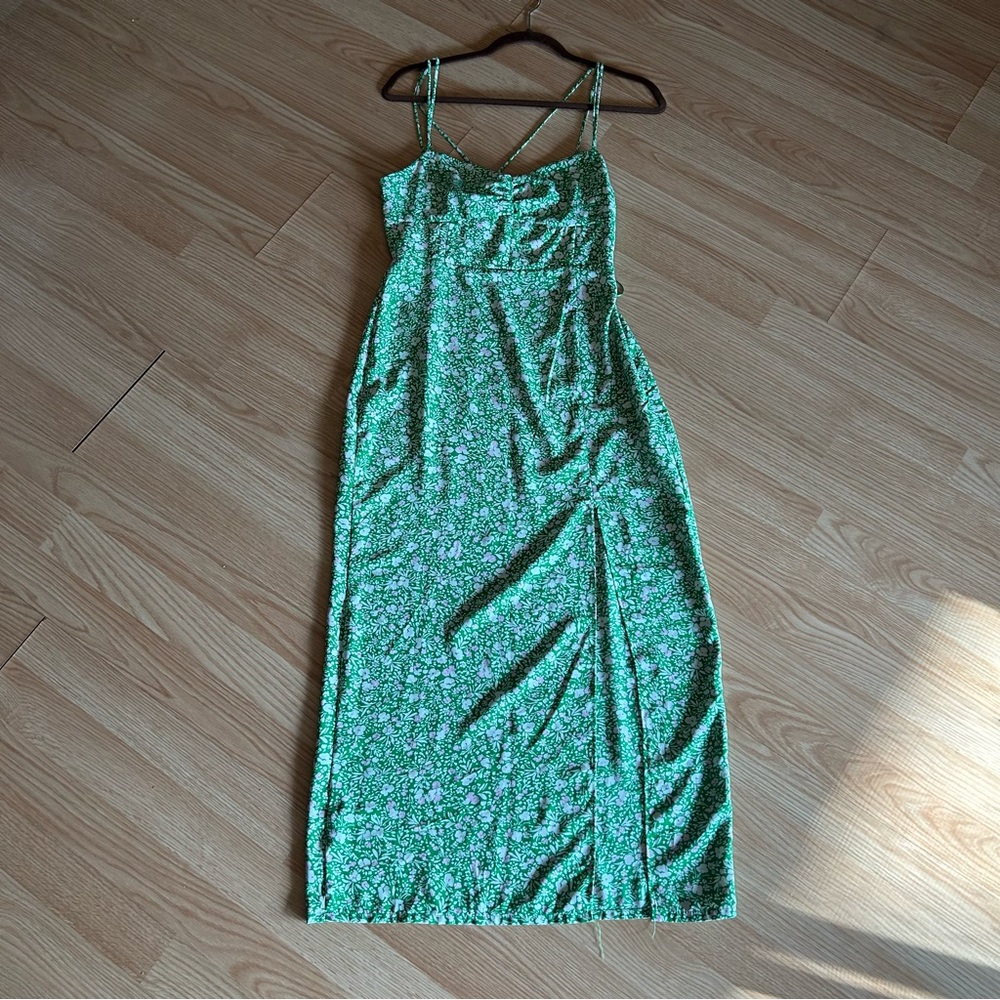 Zara Green Floral Corset Straps Slit Maxi Dress Medium